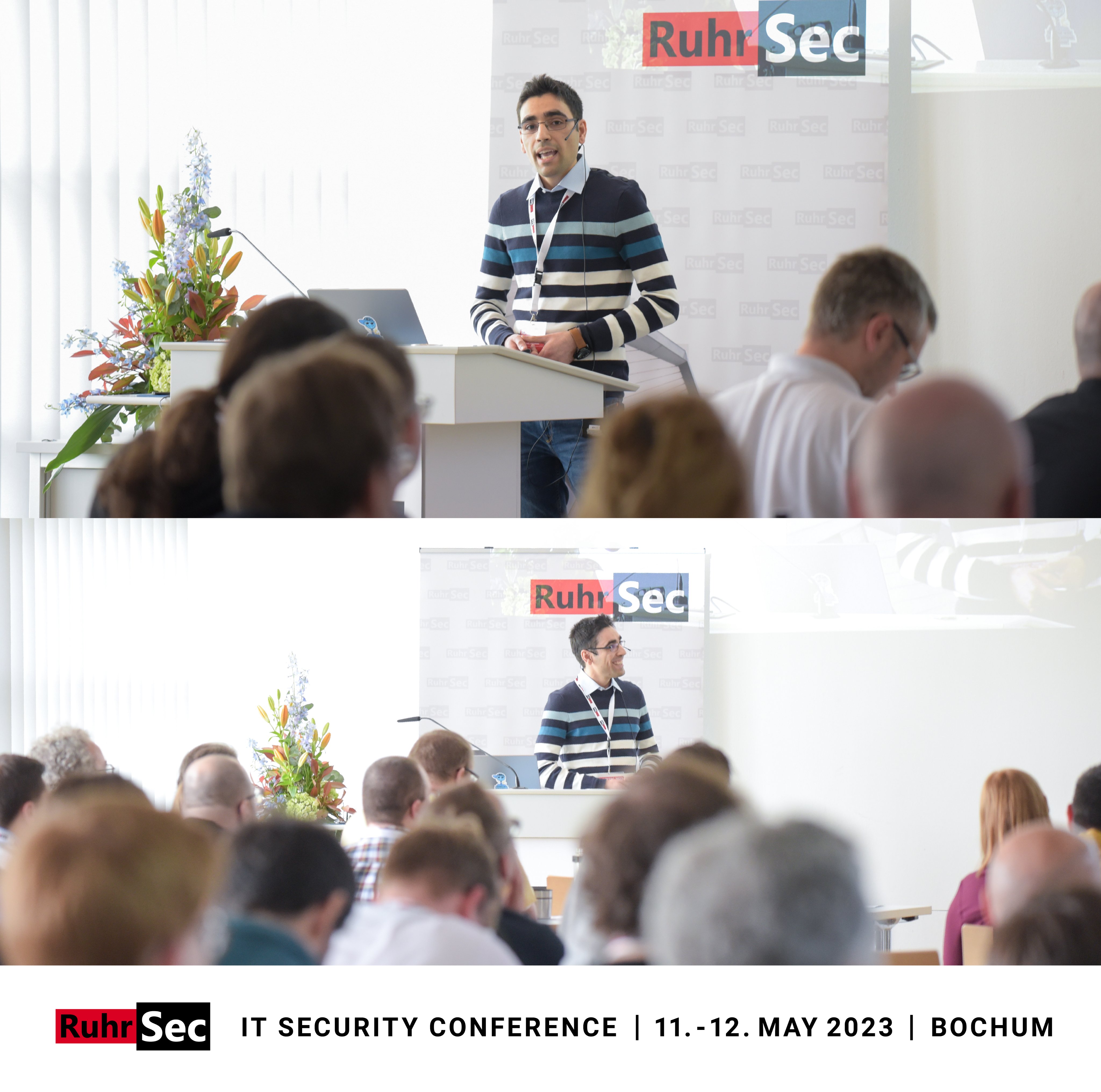 Soheil Khodayari on stage presenting at RuhrSec 2023 in Bochum, Germany